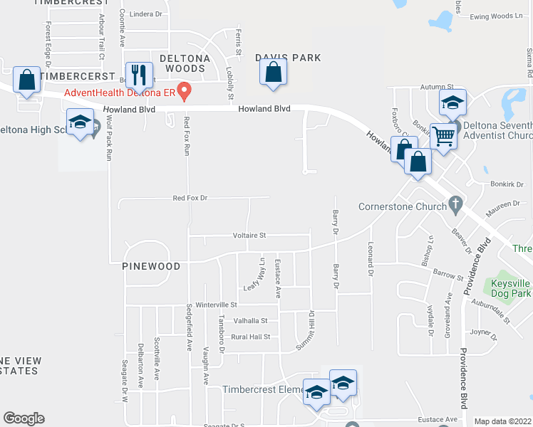 map of restaurants, bars, coffee shops, grocery stores, and more near 3221 Red Fox Drive in Deltona