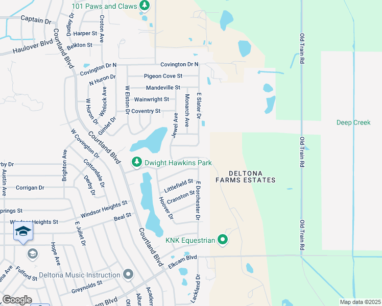 map of restaurants, bars, coffee shops, grocery stores, and more near 2777 South Slater Drive in Deltona