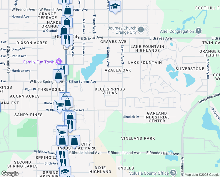 map of restaurants, bars, coffee shops, grocery stores, and more near 582 Placid Run Road in Orange City