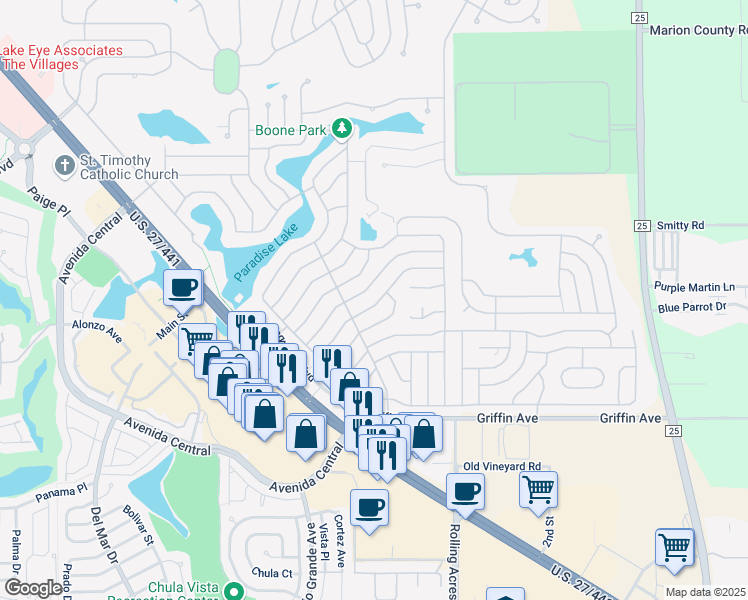 map of restaurants, bars, coffee shops, grocery stores, and more near 737 Truman Avenue in Lady Lake