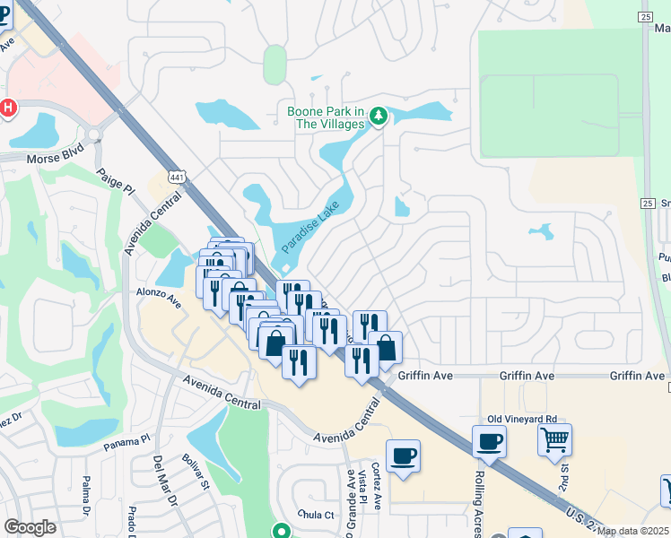map of restaurants, bars, coffee shops, grocery stores, and more near 914 Weeping Willow Avenue in Lady Lake