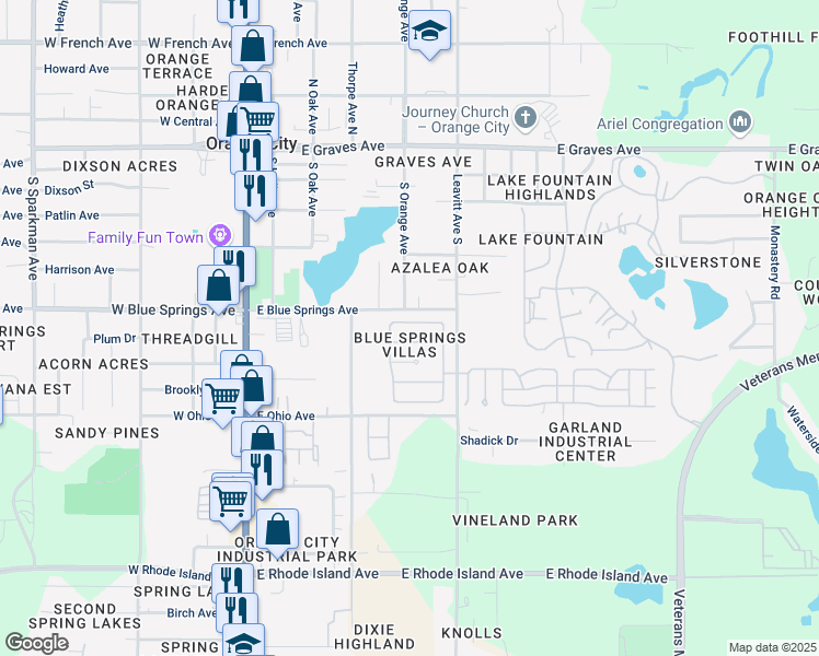 map of restaurants, bars, coffee shops, grocery stores, and more near 582 Placid Run Road in Orange City