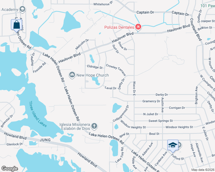 map of restaurants, bars, coffee shops, grocery stores, and more near 2470 Laval Drive in Deltona