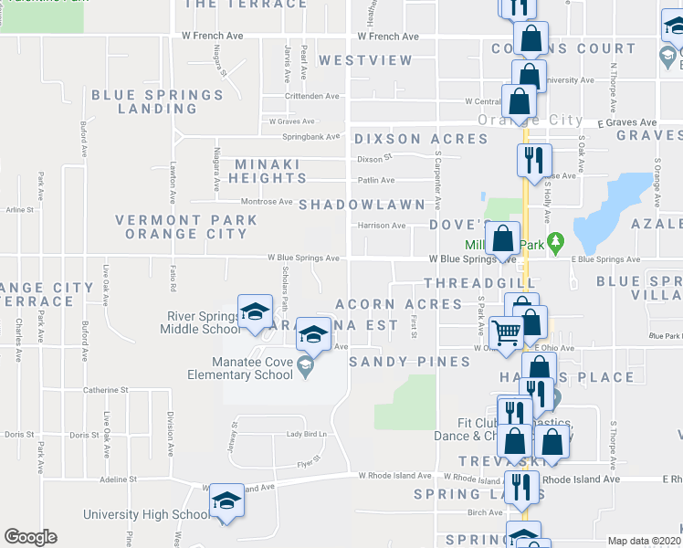 map of restaurants, bars, coffee shops, grocery stores, and more near 575 South Sparkman Avenue in Orange City