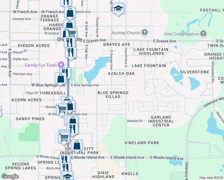 map of restaurants, bars, coffee shops, grocery stores, and more near 582 Placid Run Road in Orange City