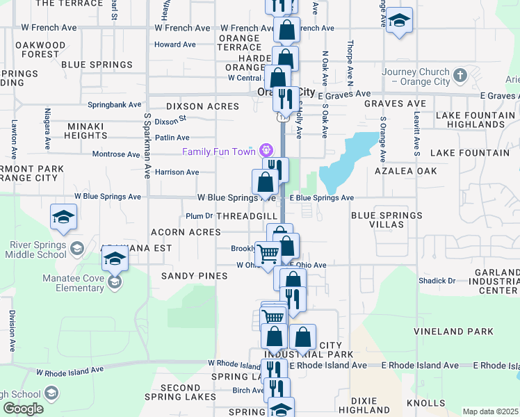 map of restaurants, bars, coffee shops, grocery stores, and more near 511 Park Drive in Orange City