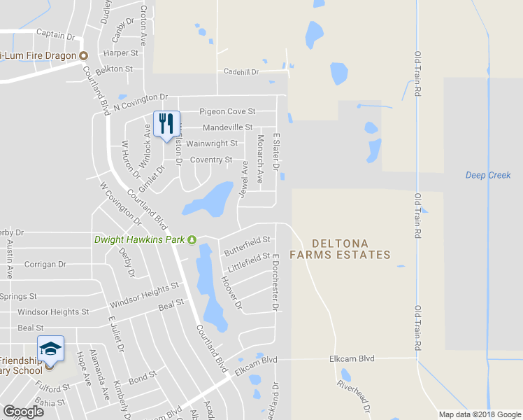 map of restaurants, bars, coffee shops, grocery stores, and more near 2777 South Slater Drive in Deltona