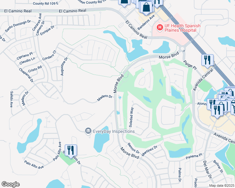 map of restaurants, bars, coffee shops, grocery stores, and more near 1117 San Antonio Lane in The Villages