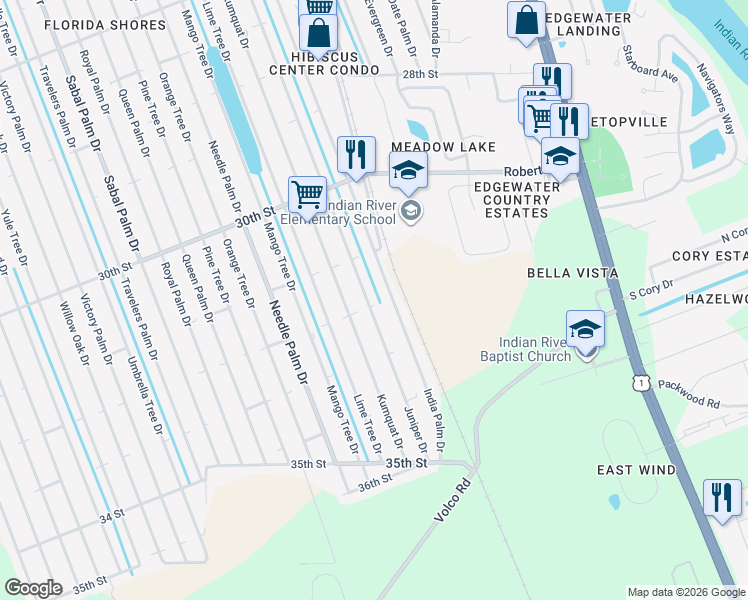 map of restaurants, bars, coffee shops, grocery stores, and more near 3204 India Palm Drive in Edgewater