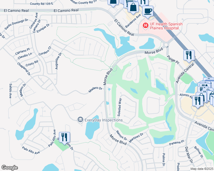 map of restaurants, bars, coffee shops, grocery stores, and more near 1117 San Antonio Lane in The Villages