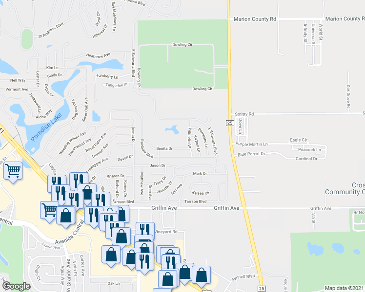map of restaurants, bars, coffee shops, grocery stores, and more near 505 Bonita Drive in Lady Lake