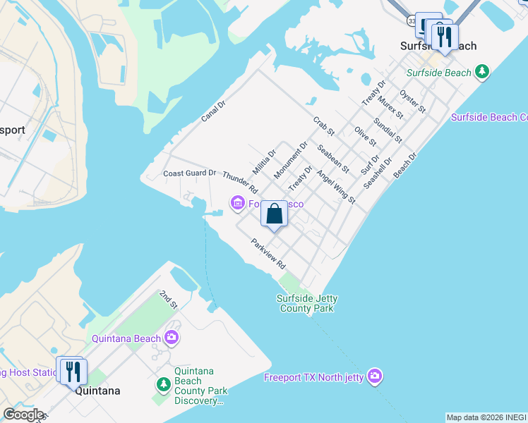 map of restaurants, bars, coffee shops, grocery stores, and more near 1221 Treaty Drive in Freeport
