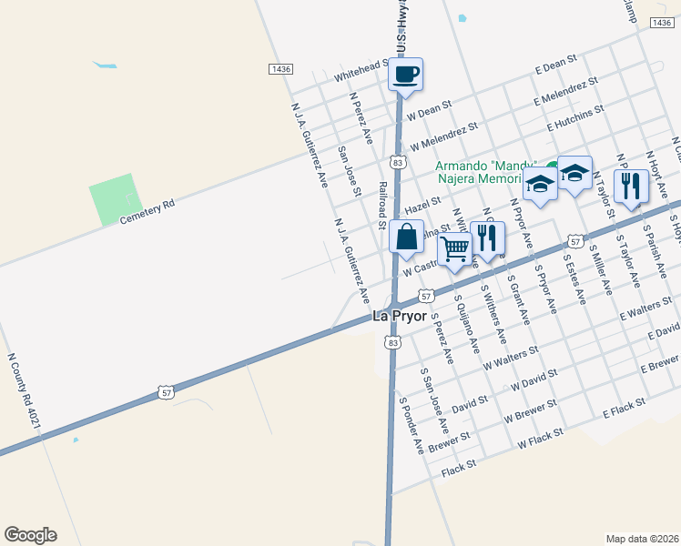 map of restaurants, bars, coffee shops, grocery stores, and more near 245 West 1436 in La Pryor