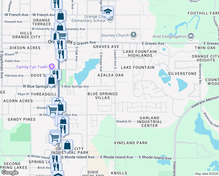 map of restaurants, bars, coffee shops, grocery stores, and more near 673 Placid Run Road in Orange City