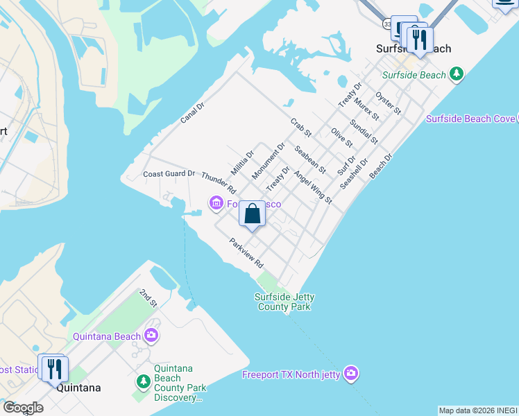 map of restaurants, bars, coffee shops, grocery stores, and more near 402 Thunder Road in Freeport