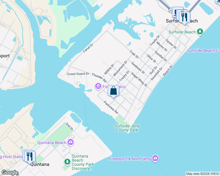 map of restaurants, bars, coffee shops, grocery stores, and more near 1221 Treaty Drive in Freeport