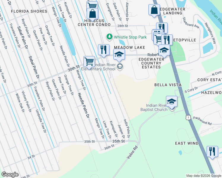 map of restaurants, bars, coffee shops, grocery stores, and more near 3204 India Palm Drive in Edgewater