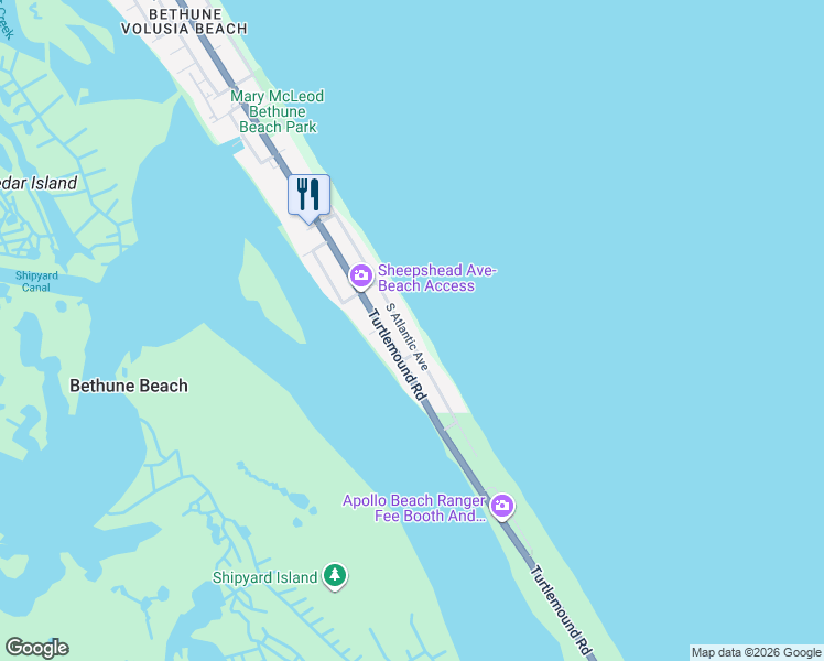 map of restaurants, bars, coffee shops, grocery stores, and more near 6955 South Atlantic Avenue in New Smyrna Beach