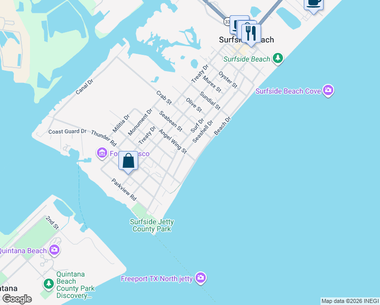 map of restaurants, bars, coffee shops, grocery stores, and more near 801 Seashell Drive in Freeport