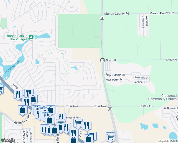 map of restaurants, bars, coffee shops, grocery stores, and more near 1227 Pompano Lane in Lady Lake