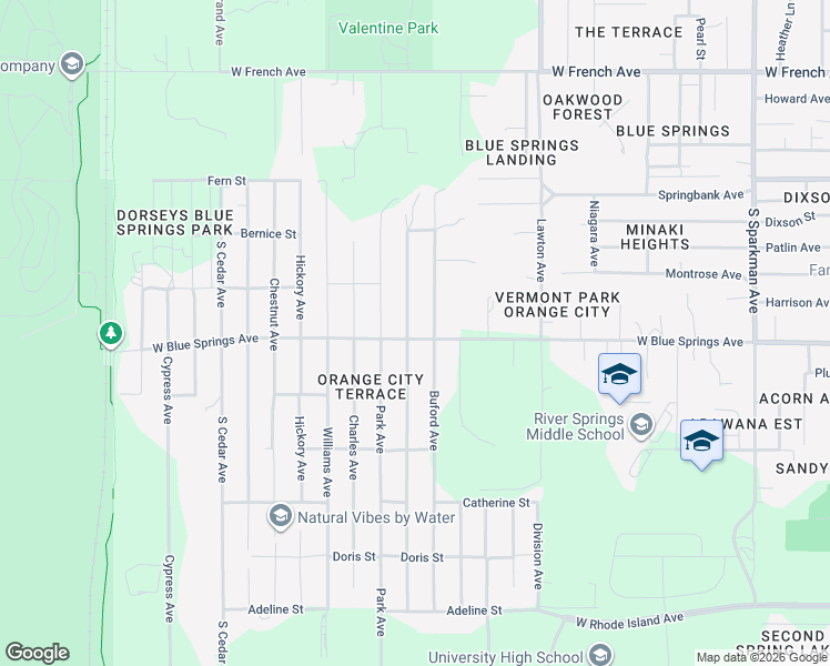 map of restaurants, bars, coffee shops, grocery stores, and more near 1391 West Blue Springs Avenue in Orange City