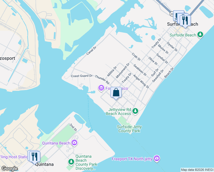 map of restaurants, bars, coffee shops, grocery stores, and more near 613 Thunder Road in Freeport