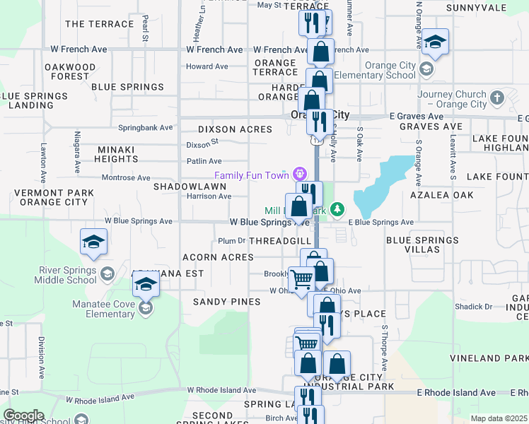map of restaurants, bars, coffee shops, grocery stores, and more near 347 West Blue Springs Avenue in Orange City