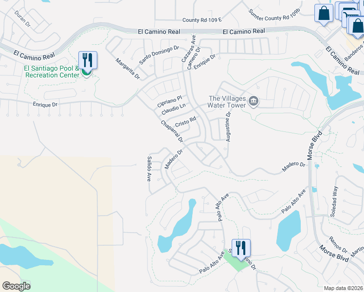 map of restaurants, bars, coffee shops, grocery stores, and more near 1208 Chaparral Drive in The Villages
