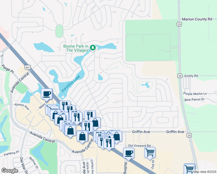 map of restaurants, bars, coffee shops, grocery stores, and more near 722 Royal Palm Avenue in Lady Lake
