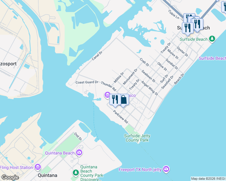 map of restaurants, bars, coffee shops, grocery stores, and more near 613 Thunder Road in Freeport