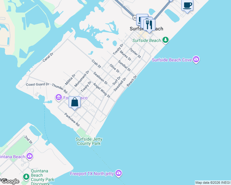 map of restaurants, bars, coffee shops, grocery stores, and more near 801 Seashell Drive in Freeport
