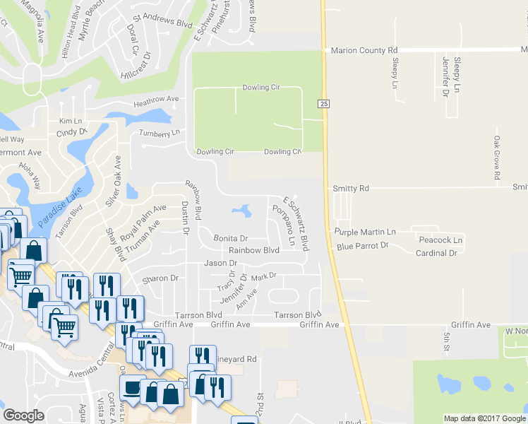map of restaurants, bars, coffee shops, grocery stores, and more near 1220 Palmetto Drive in Lady Lake