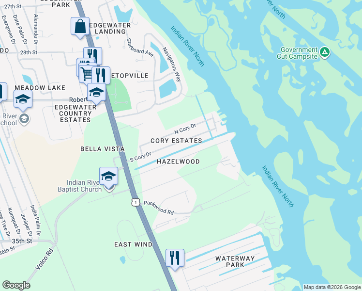 map of restaurants, bars, coffee shops, grocery stores, and more near 142 South Cory Drive in Edgewater