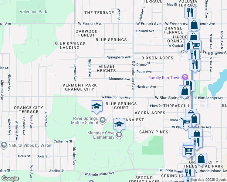 map of restaurants, bars, coffee shops, grocery stores, and more near 807 West Blue Springs Avenue in Orange City