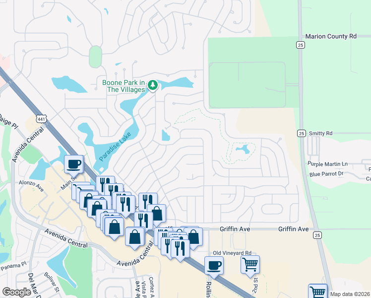 map of restaurants, bars, coffee shops, grocery stores, and more near 716 Royal Palm Avenue in Lady Lake