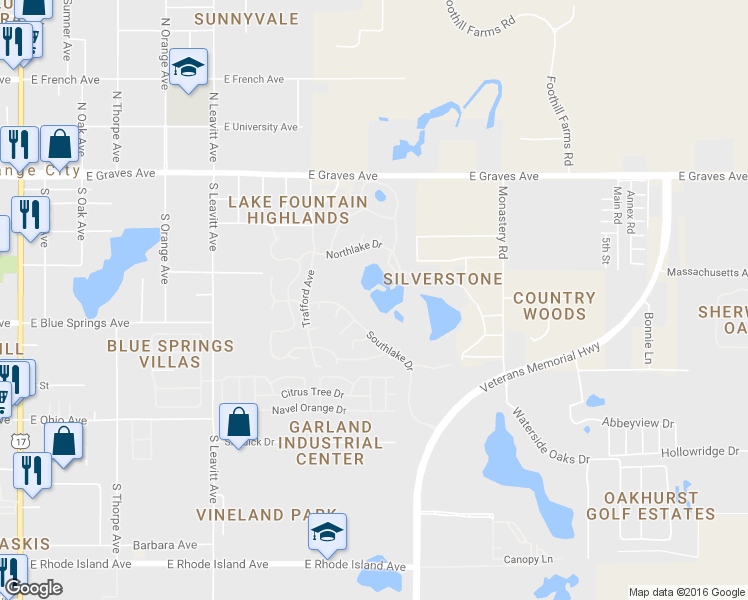 map of restaurants, bars, coffee shops, grocery stores, and more near 101 Northlake Drive in Orange City