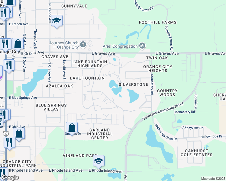 map of restaurants, bars, coffee shops, grocery stores, and more near 101 Northlake Dr in Orange City