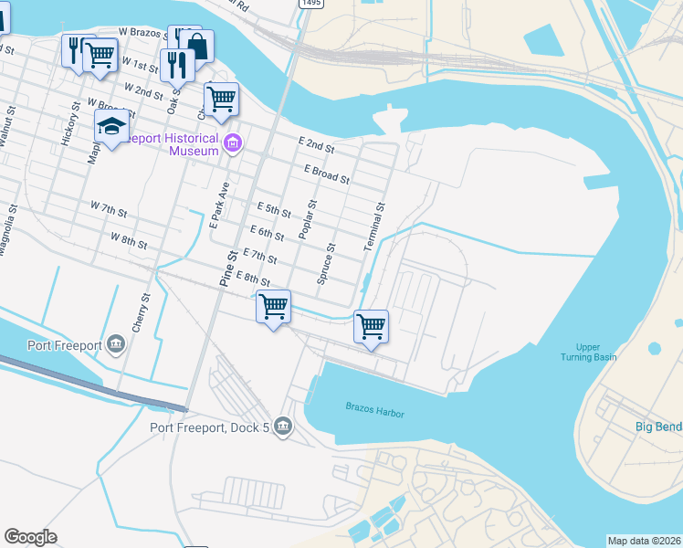 map of restaurants, bars, coffee shops, grocery stores, and more near 506 East 7th Street in Freeport