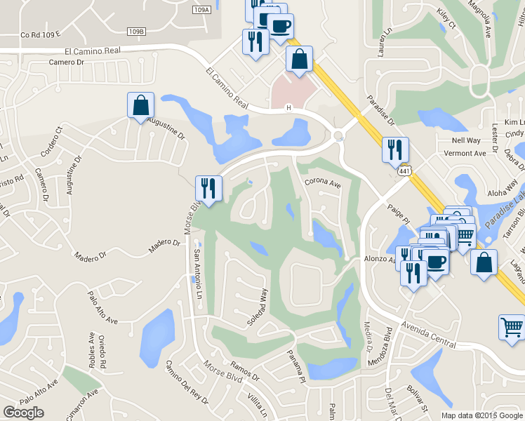 map of restaurants, bars, coffee shops, grocery stores, and more near 1210 San Bernadino Way in The Villages