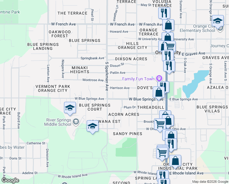map of restaurants, bars, coffee shops, grocery stores, and more near 468 Bird Road in Orange City