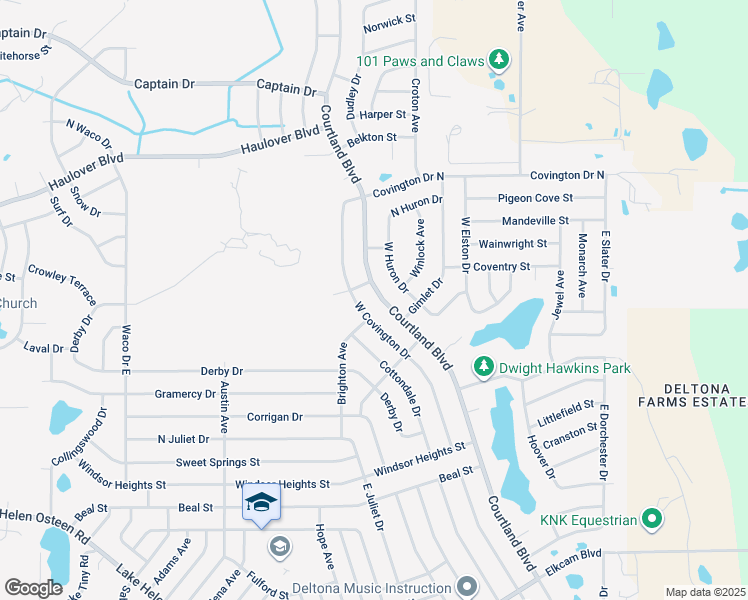 map of restaurants, bars, coffee shops, grocery stores, and more near 2840 Courtland Boulevard in Deltona