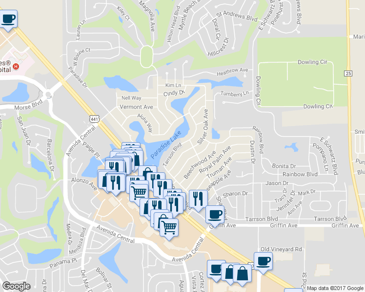 map of restaurants, bars, coffee shops, grocery stores, and more near 943 Tarrson Boulevard in Lady Lake