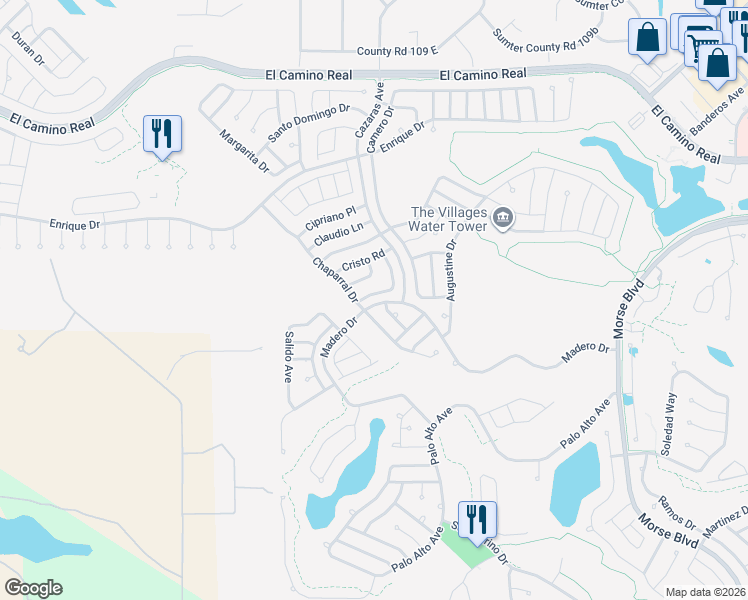 map of restaurants, bars, coffee shops, grocery stores, and more near 2027 Castano Place in Lady Lake