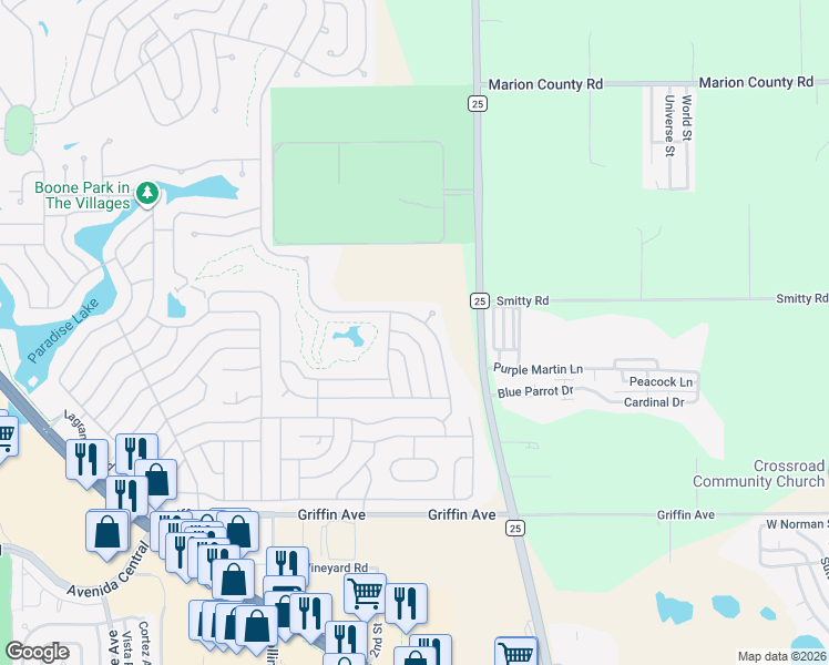 map of restaurants, bars, coffee shops, grocery stores, and more near 1227 Pompano Lane in Lady Lake