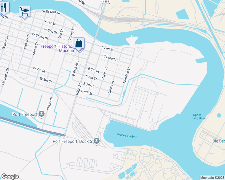 map of restaurants, bars, coffee shops, grocery stores, and more near 506 E 7th St in Freeport