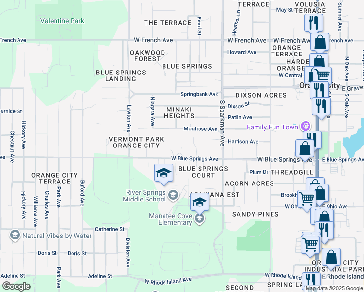 map of restaurants, bars, coffee shops, grocery stores, and more near 807 West Blue Springs Avenue in Orange City