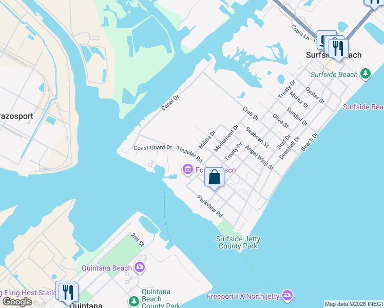 map of restaurants, bars, coffee shops, grocery stores, and more near 613 Thunder Road in Freeport