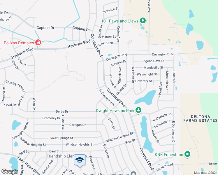 map of restaurants, bars, coffee shops, grocery stores, and more near 2857 Courtland Boulevard in Deltona