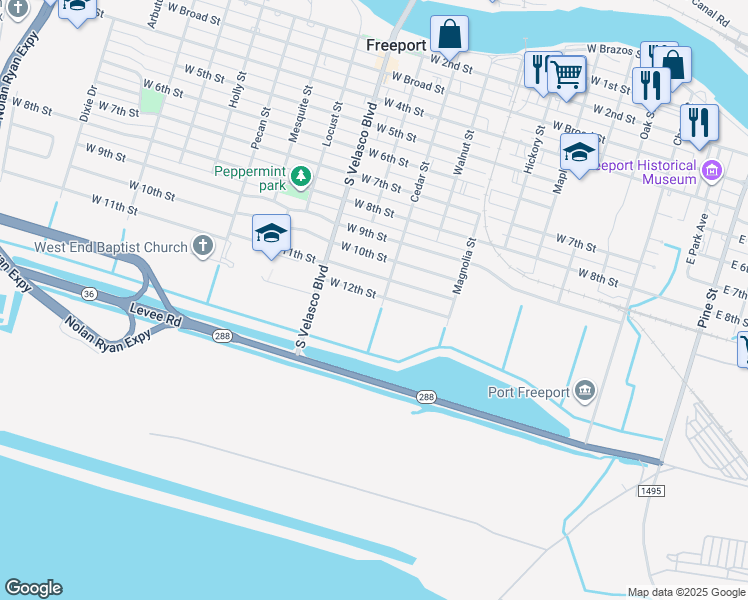 map of restaurants, bars, coffee shops, grocery stores, and more near 907 West 12th Street in Freeport