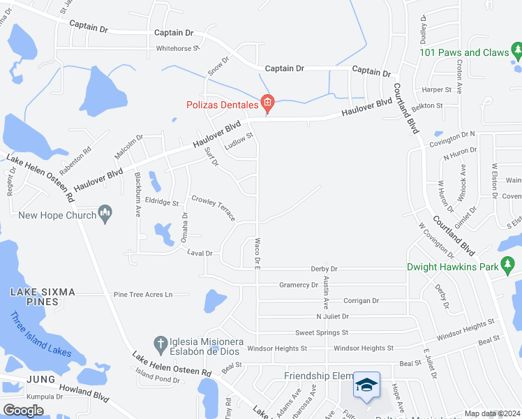 map of restaurants, bars, coffee shops, grocery stores, and more near 2851 East Waco Drive in Deltona